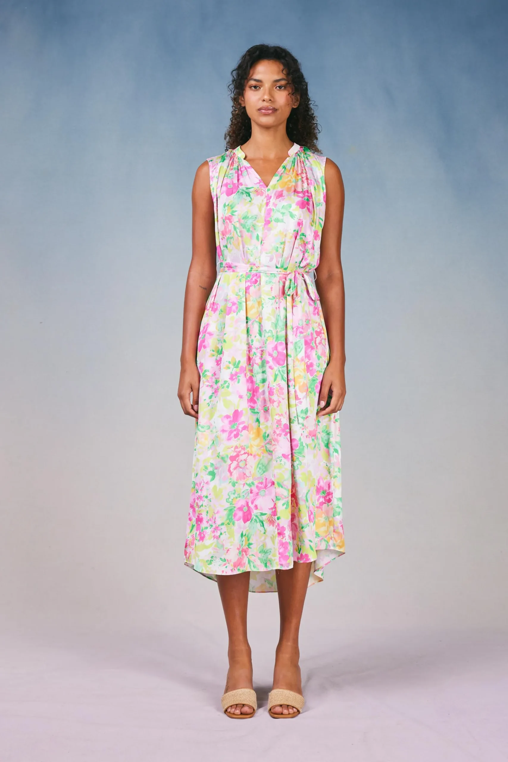 Midi Dresses-Current Air Botanical Watercolor Midi Dress PINKMLTFLORAL