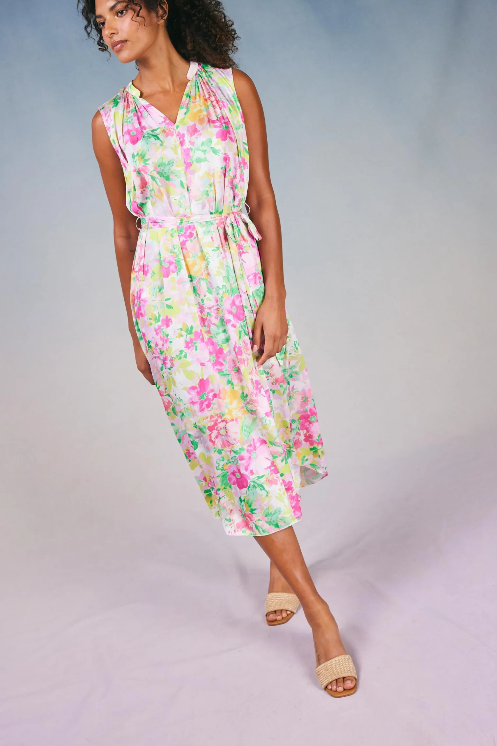 Midi Dresses-Current Air Botanical Watercolor Midi Dress PINKMLTFLORAL