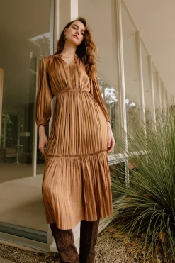 Midi Dresses-Current Air Bristol Pleated Midi Dress BRONZE
