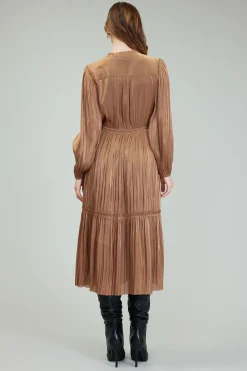 Midi Dresses-Current Air Bristol Pleated Midi Dress BRONZE