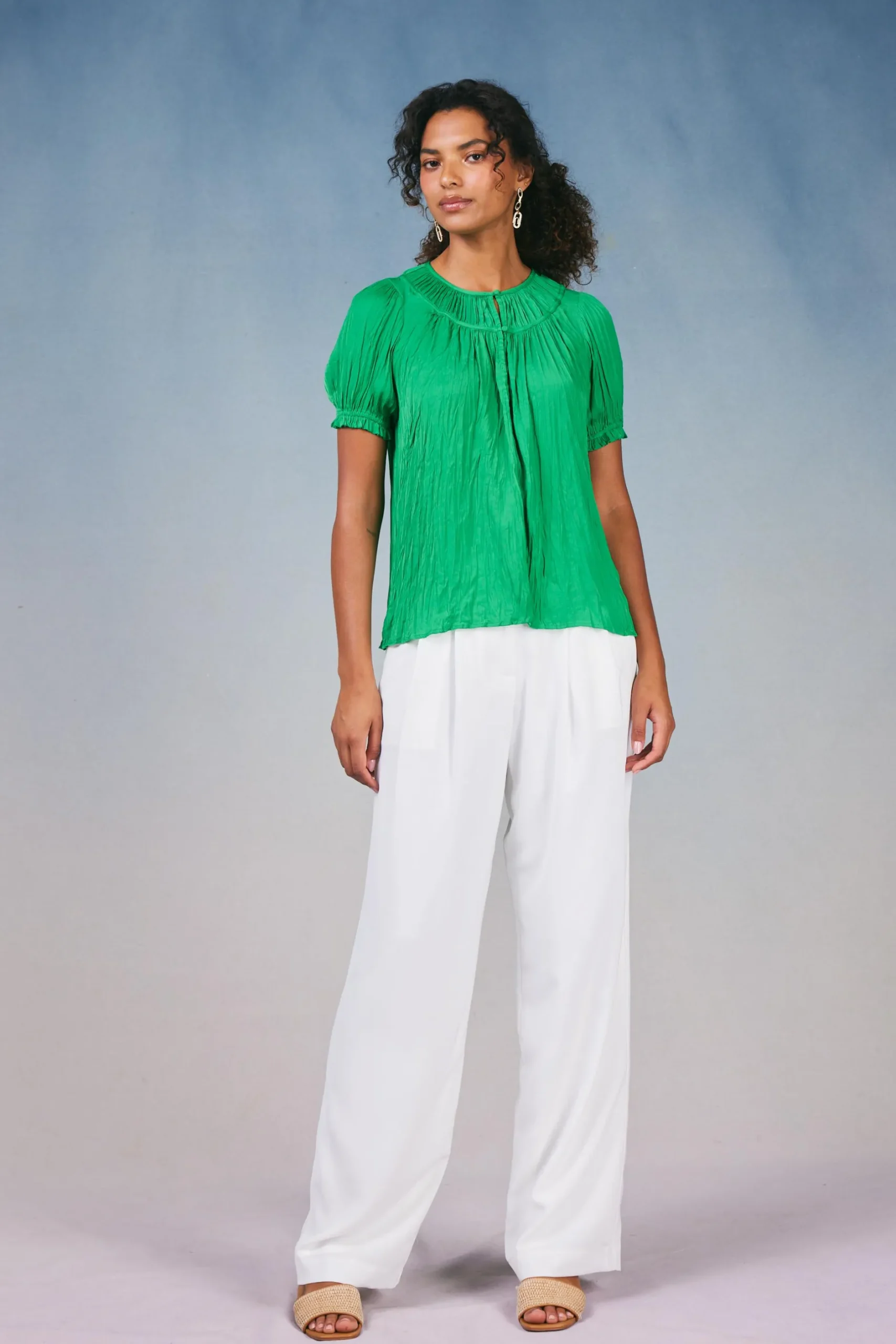 Short Sleeve Tops-Current Air Brooklyn Crinkle Top DEEPSPRINGGREEN
