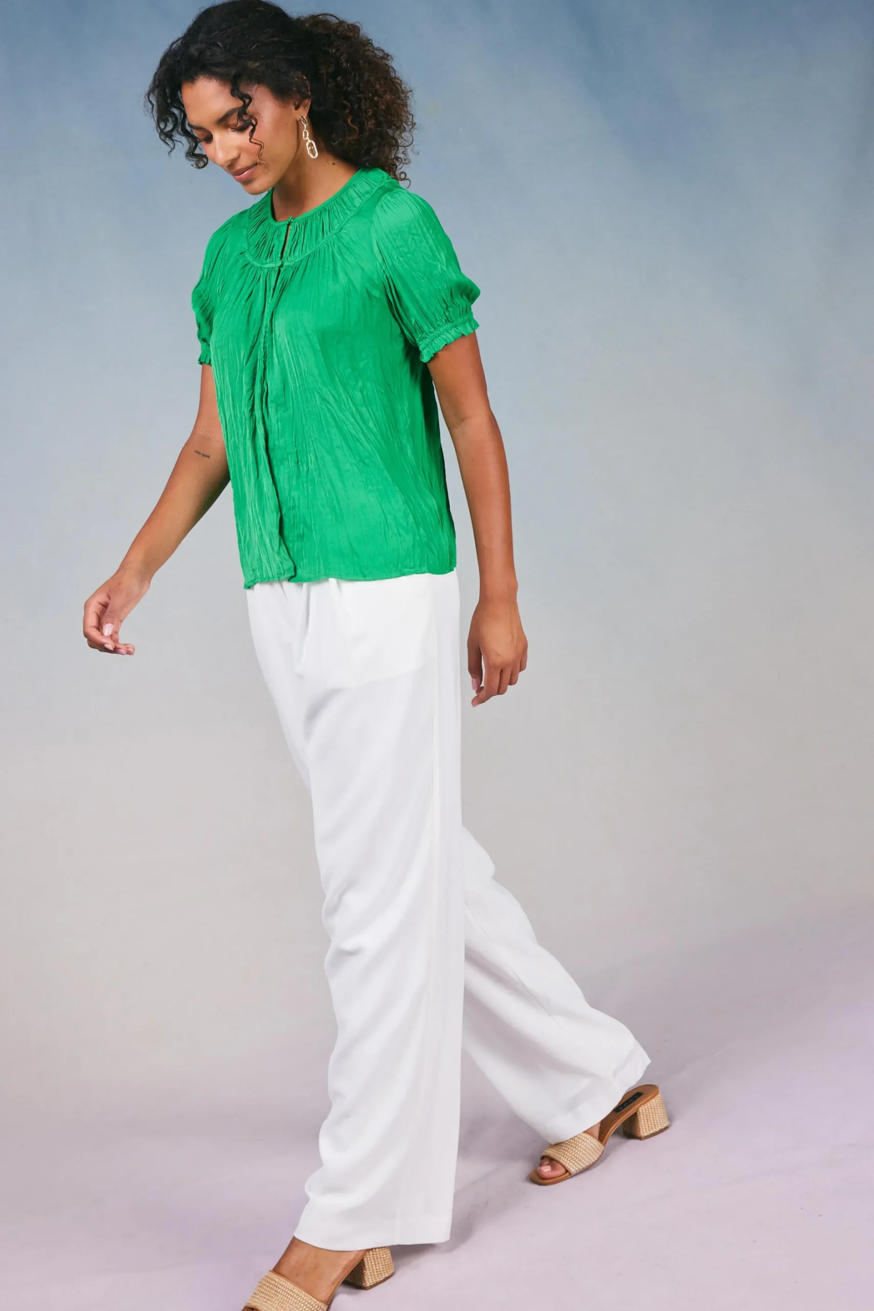 Short Sleeve Tops-Current Air Brooklyn Crinkle Top DEEPSPRINGGREEN