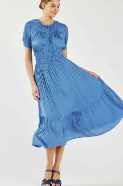 Midi Dresses-Current Air Brooklyn Pleated Midi Dress FADEDBLUE
