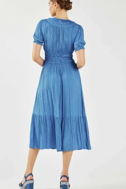 Midi Dresses-Current Air Brooklyn Pleated Midi Dress FADEDBLUE