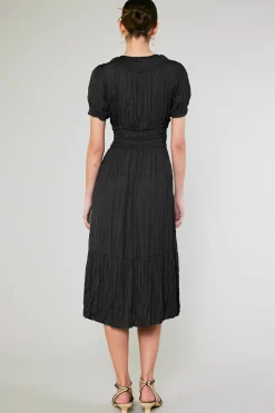 Midi Dresses-Current Air Brooklyn Pleated Midi Dress BLACK