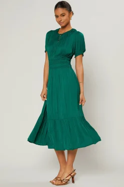 Midi Dresses-Current Air Brooklyn Pleated Midi Dress EMERALDGREEN