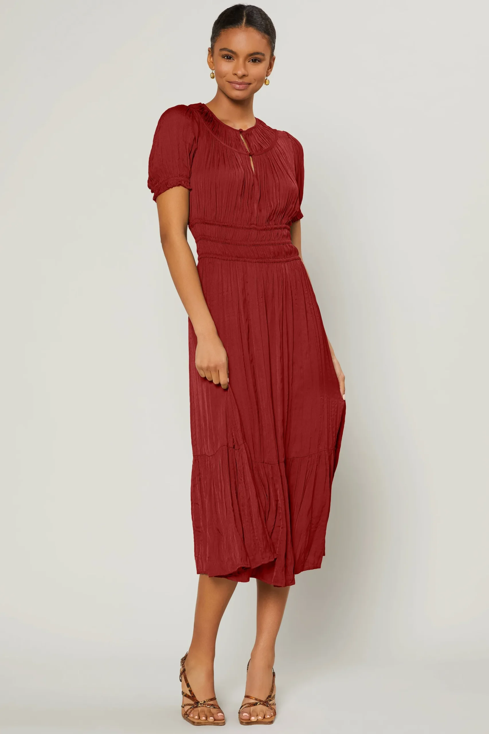 Midi Dresses-Current Air Brooklyn Pleated Midi Dress RED