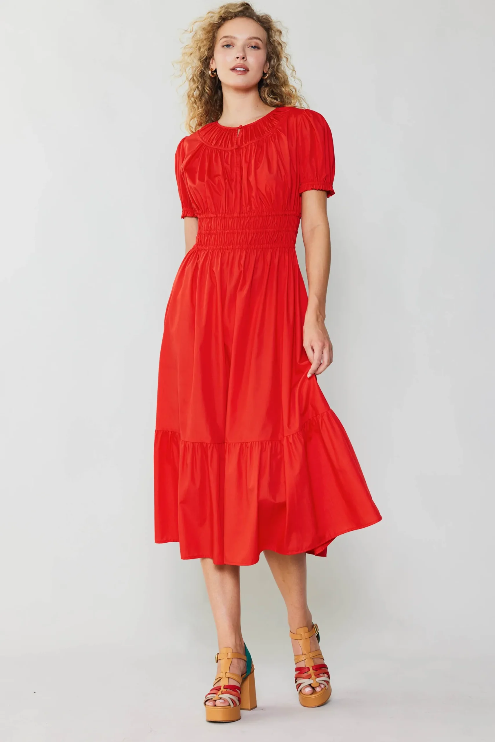 Midi Dresses-Current Air Brooklyn Poplin Midi Dress RED