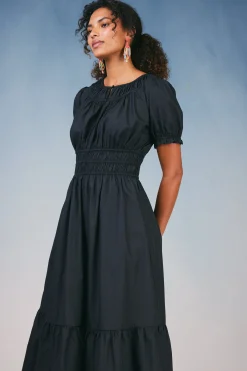 Midi Dresses-Current Air Brooklyn Poplin Midi Dress BLACK