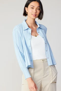 Long Sleeve Tops-Current Air Button Down Pleated Top PASTELBLUE