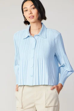 Long Sleeve Tops-Current Air Button Down Pleated Top PASTELBLUE