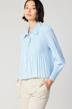 Long Sleeve Tops-Current Air Button Down Pleated Top PASTELBLUE