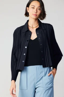 Long Sleeve Tops-Current Air Button Down Pleated Top BLACK