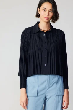 Long Sleeve Tops-Current Air Button Down Pleated Top BLACK