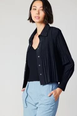 Long Sleeve Tops-Current Air Button Down Pleated Top BLACK