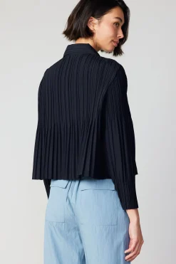 Long Sleeve Tops-Current Air Button Down Pleated Top BLACK