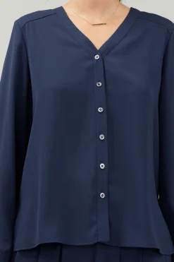 Long Sleeve Tops-Current Air Buttondown Blouse SLATENAVY