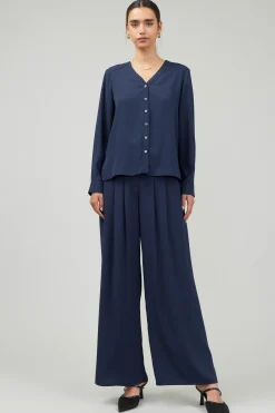Long Sleeve Tops-Current Air Buttondown Blouse SLATENAVY