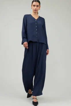 Long Sleeve Tops-Current Air Buttondown Blouse SLATENAVY