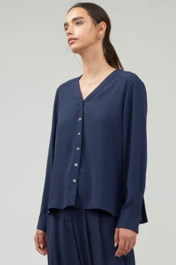 Long Sleeve Tops-Current Air Buttondown Blouse SLATENAVY