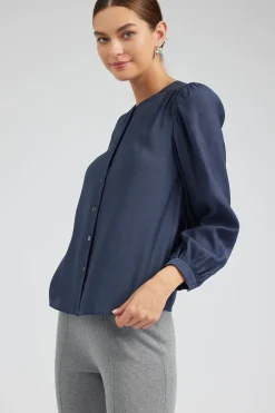 Long Sleeve Tops-Current Air Buttoned Blouse SLATENAVY