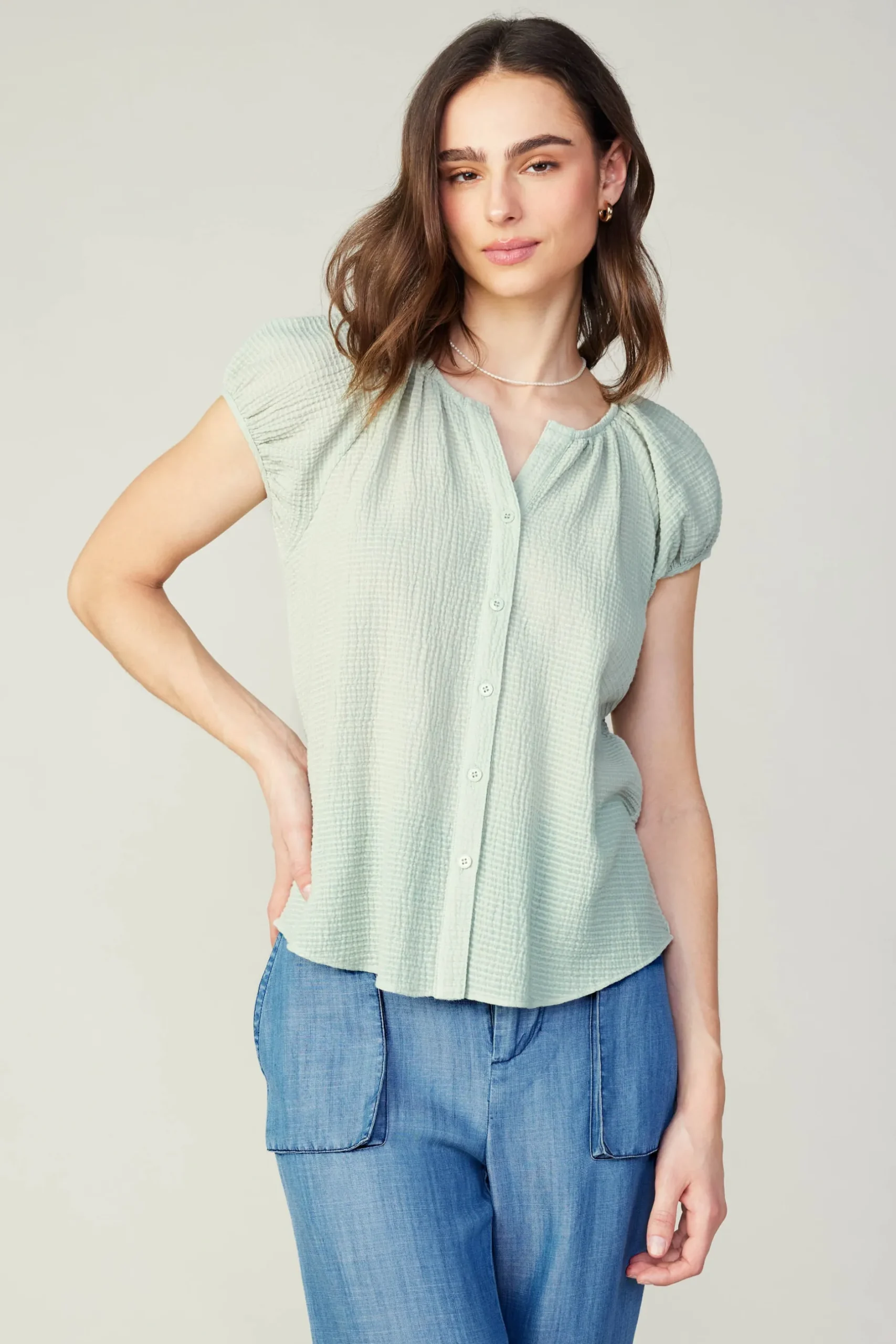 Sleeveless Tops|Short Sleeve Tops-Current Air Buttoned Cotton Blouse LIGHTSAGE
