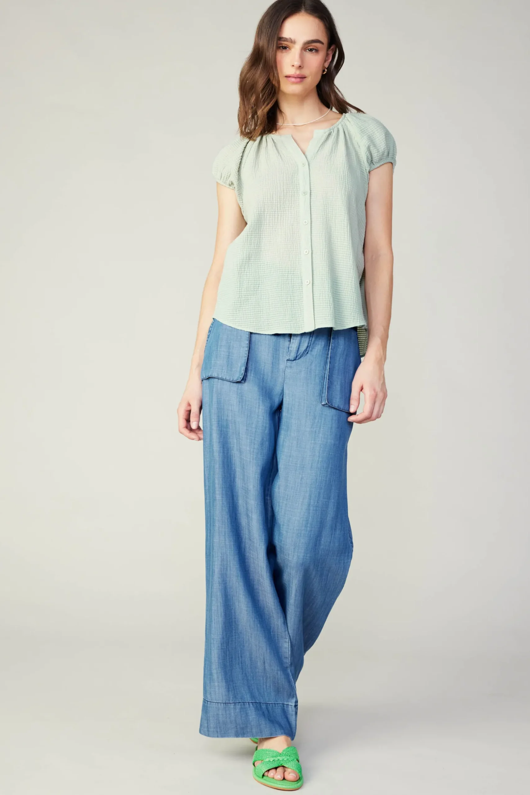 Sleeveless Tops|Short Sleeve Tops-Current Air Buttoned Cotton Blouse LIGHTSAGE