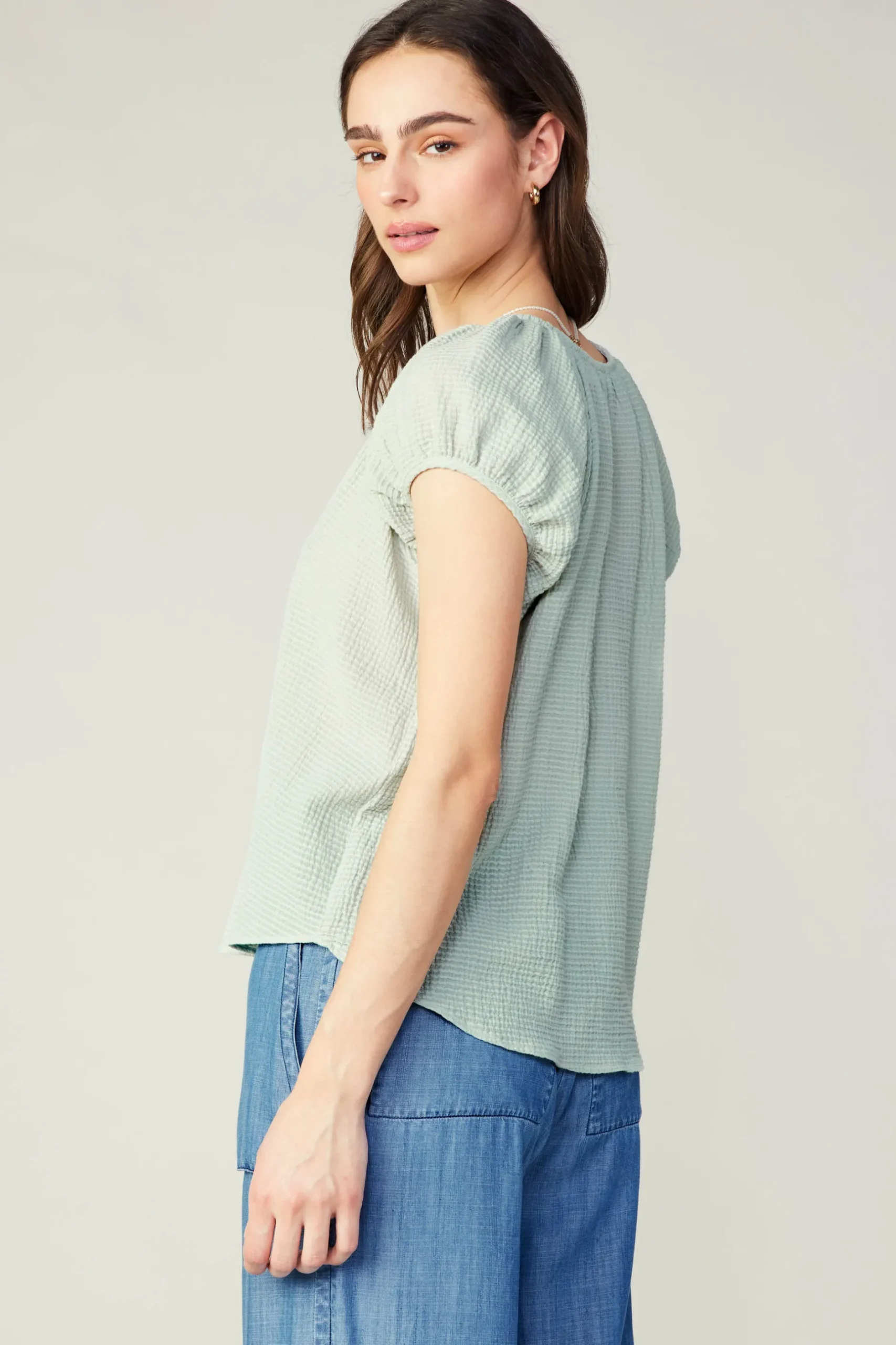 Sleeveless Tops|Short Sleeve Tops-Current Air Buttoned Cotton Blouse LIGHTSAGE