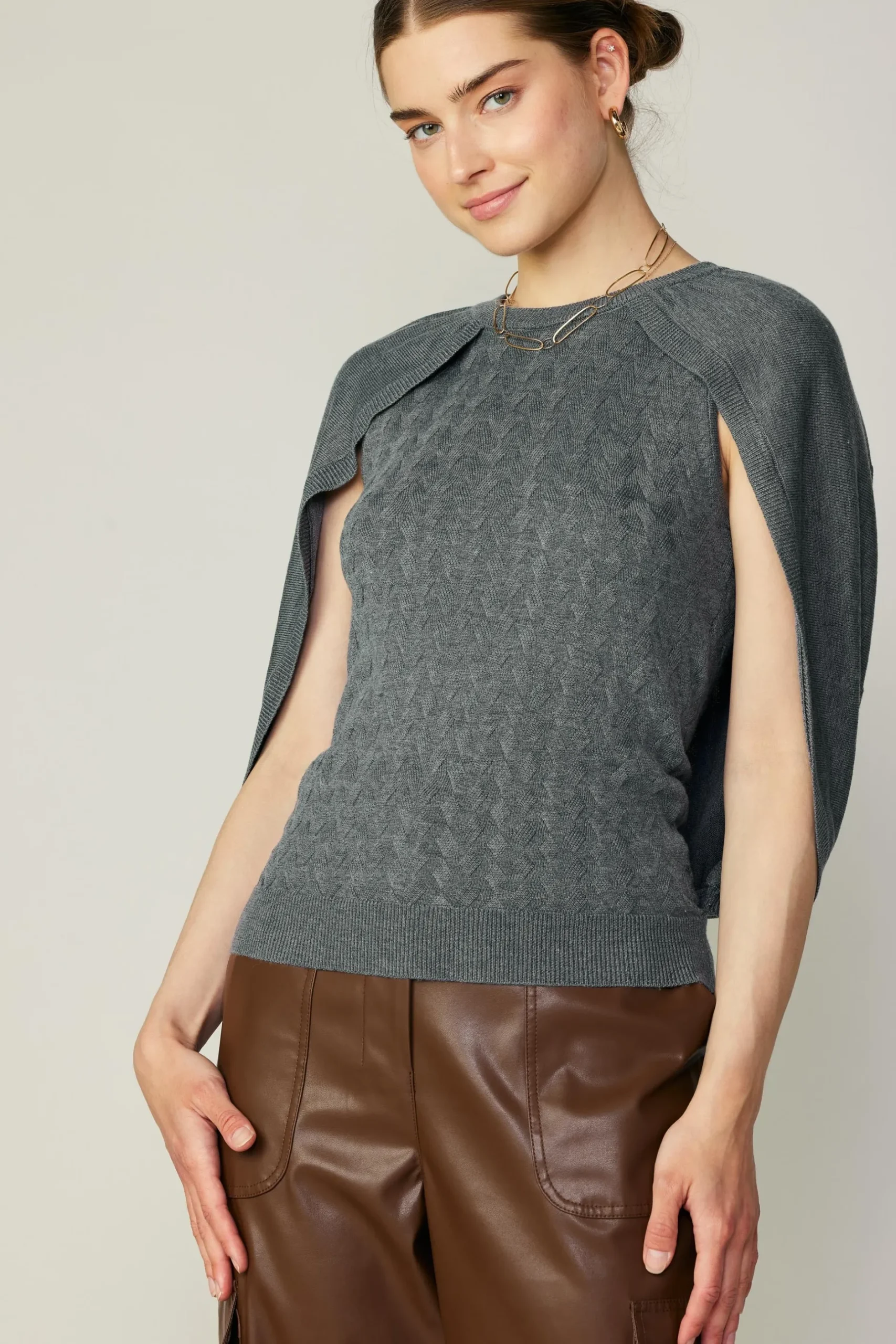 Sweaters-Current Air Cape Layered Sweater Top GREY