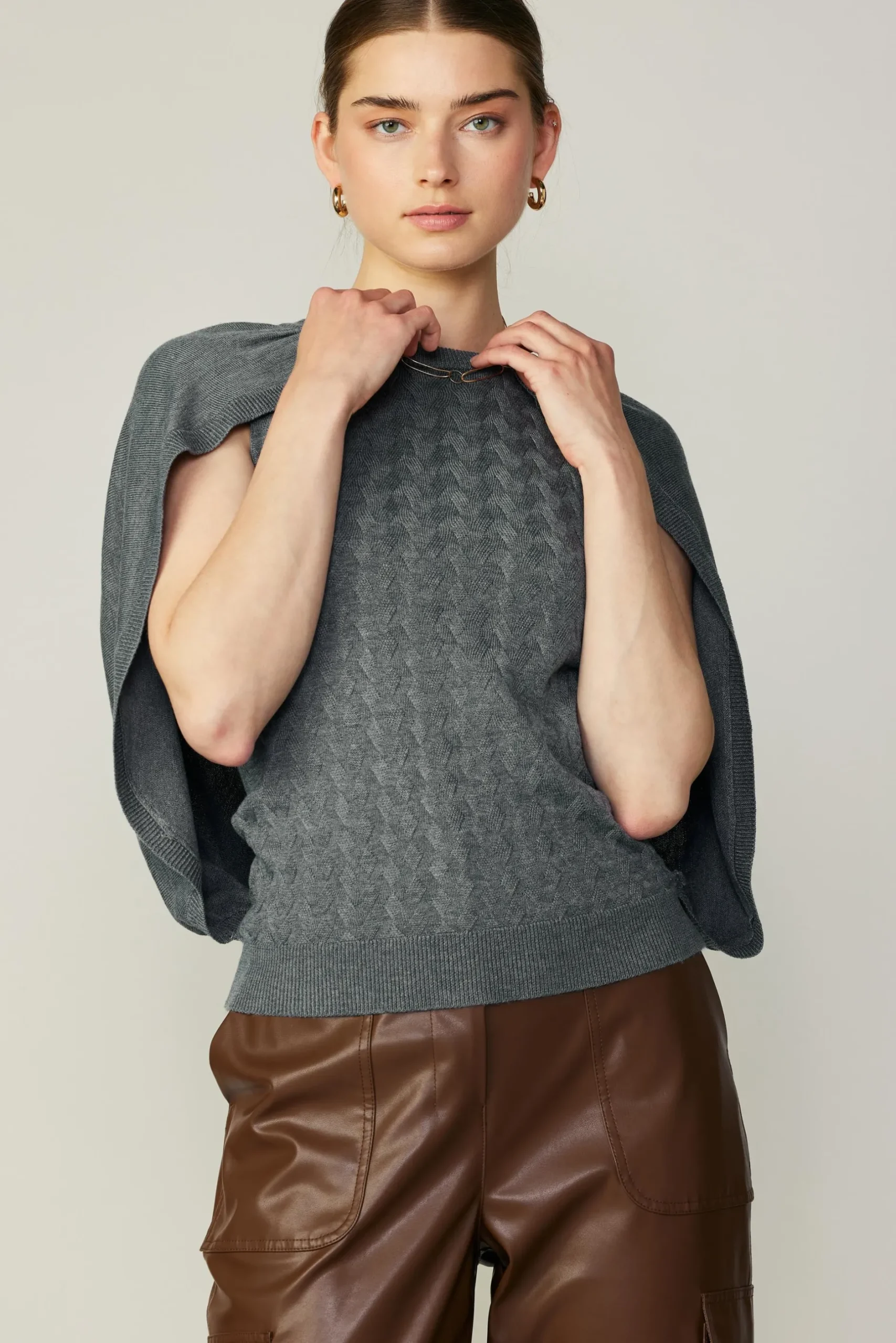 Sweaters-Current Air Cape Layered Sweater Top GREY