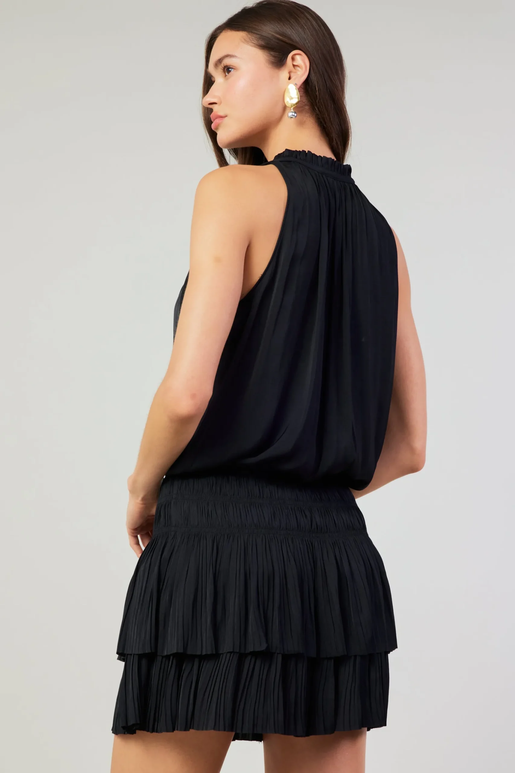 Mini Dresses-Current Air Cara Sleeveless Pleated Mini Dress BLACK
