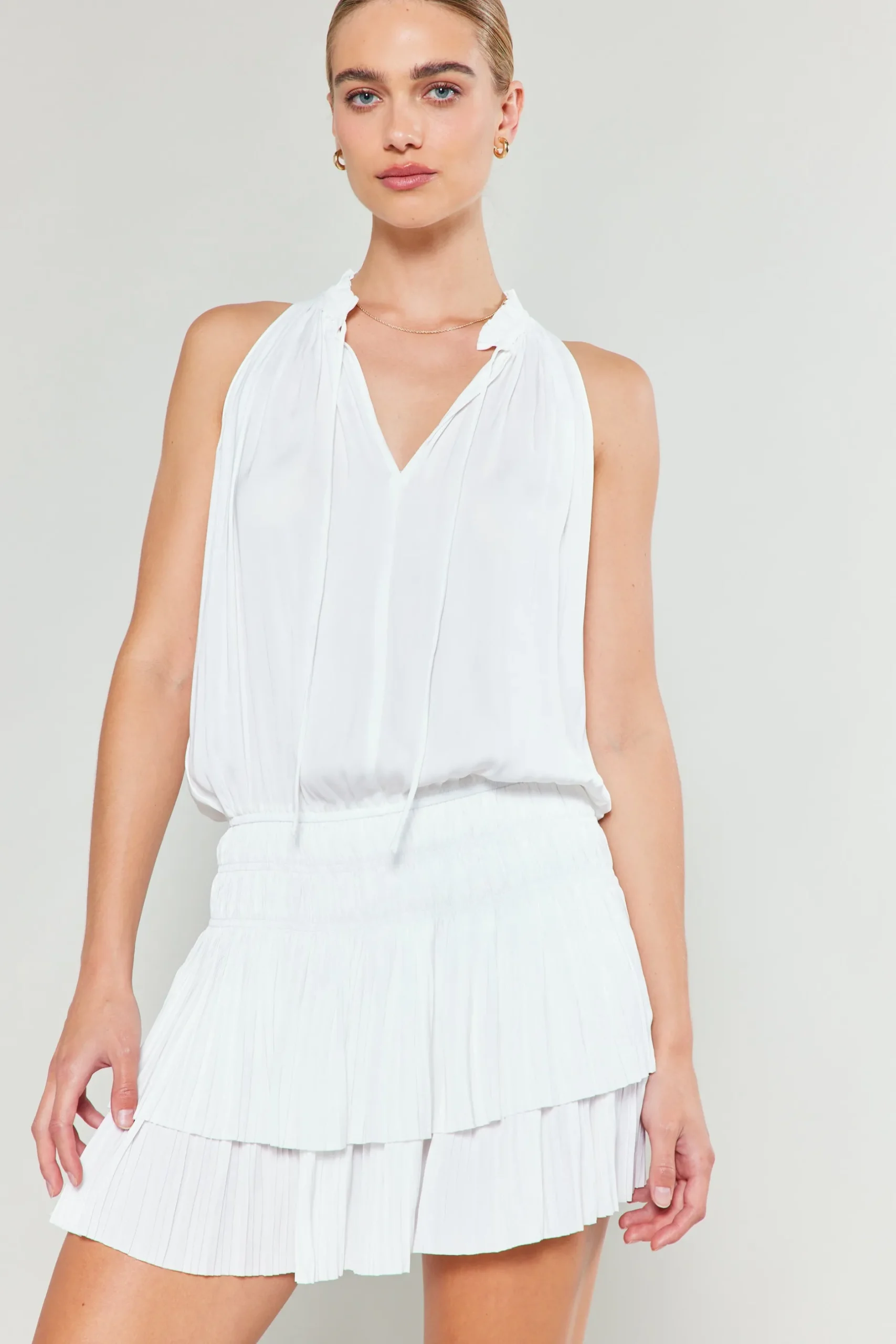 Mini Dresses-Current Air Cara Sleeveless Pleated Mini Dress WHITE