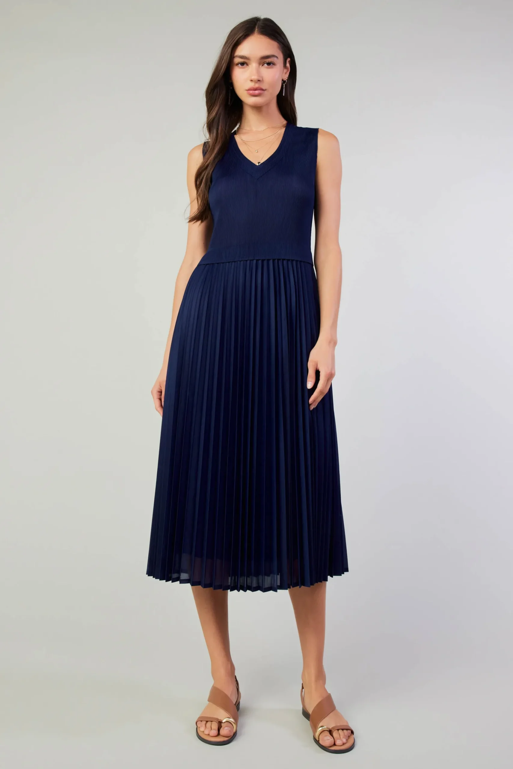 Midi Dresses-Current Air Cari Ribbed Contrast Pleated Dress NAVY