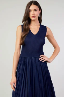 Midi Dresses-Current Air Cari Ribbed Contrast Pleated Dress NAVY