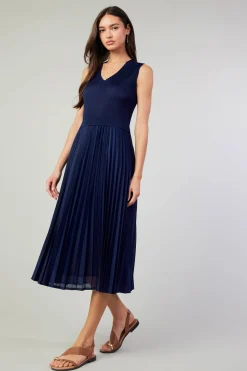 Midi Dresses-Current Air Cari Ribbed Contrast Pleated Dress NAVY