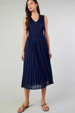 Midi Dresses-Current Air Cari Ribbed Contrast Pleated Dress NAVY