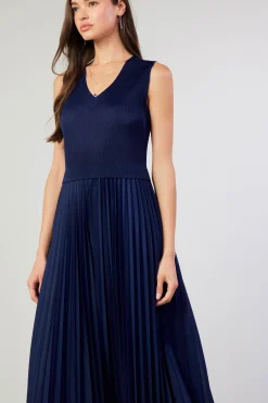 Midi Dresses-Current Air Cari Ribbed Contrast Pleated Dress NAVY
