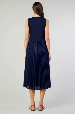 Midi Dresses-Current Air Cari Ribbed Contrast Pleated Dress NAVY