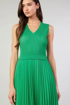 Midi Dresses-Current Air Cari Ribbed Contrast Pleated Dress SPRINGGREEN