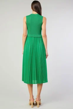 Midi Dresses-Current Air Cari Ribbed Contrast Pleated Dress SPRINGGREEN