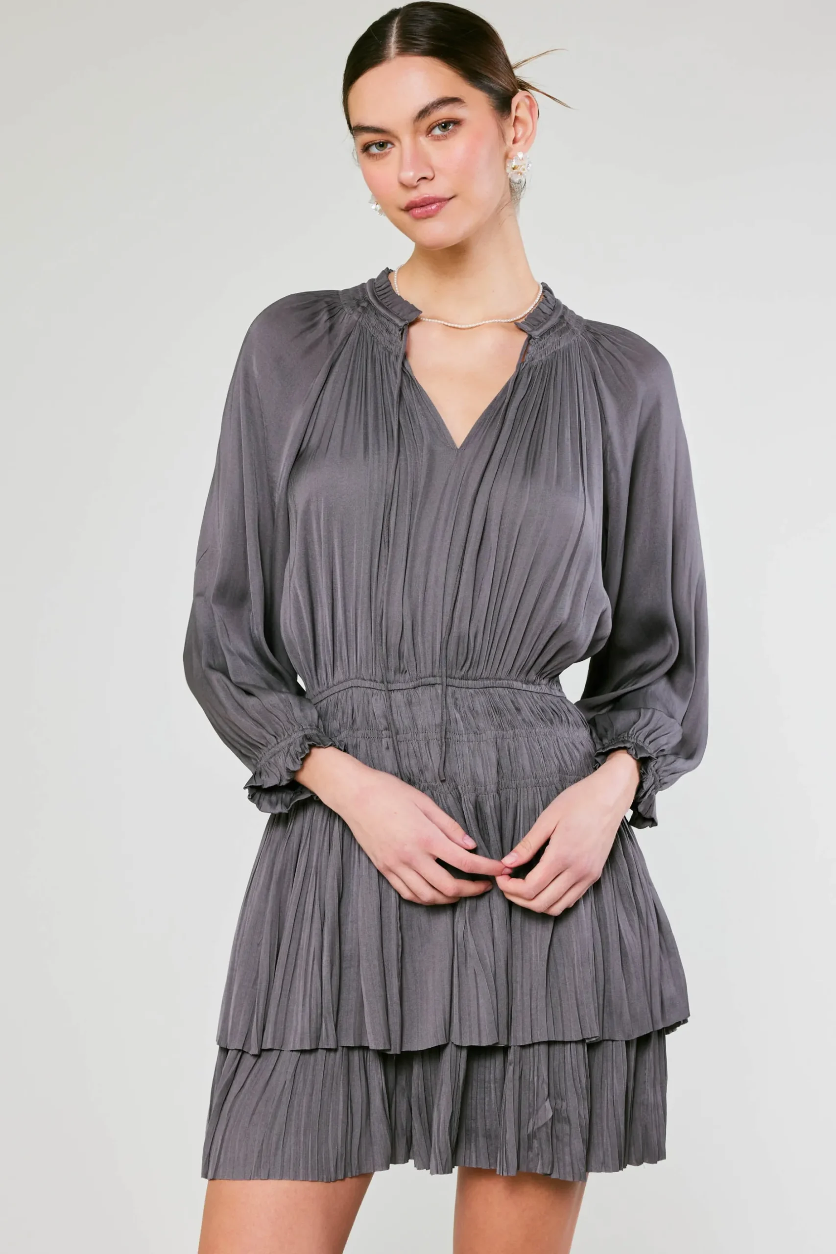 Mini Dresses-Current Air Cecile Smocked Mini Dress SLATECHARCOAL