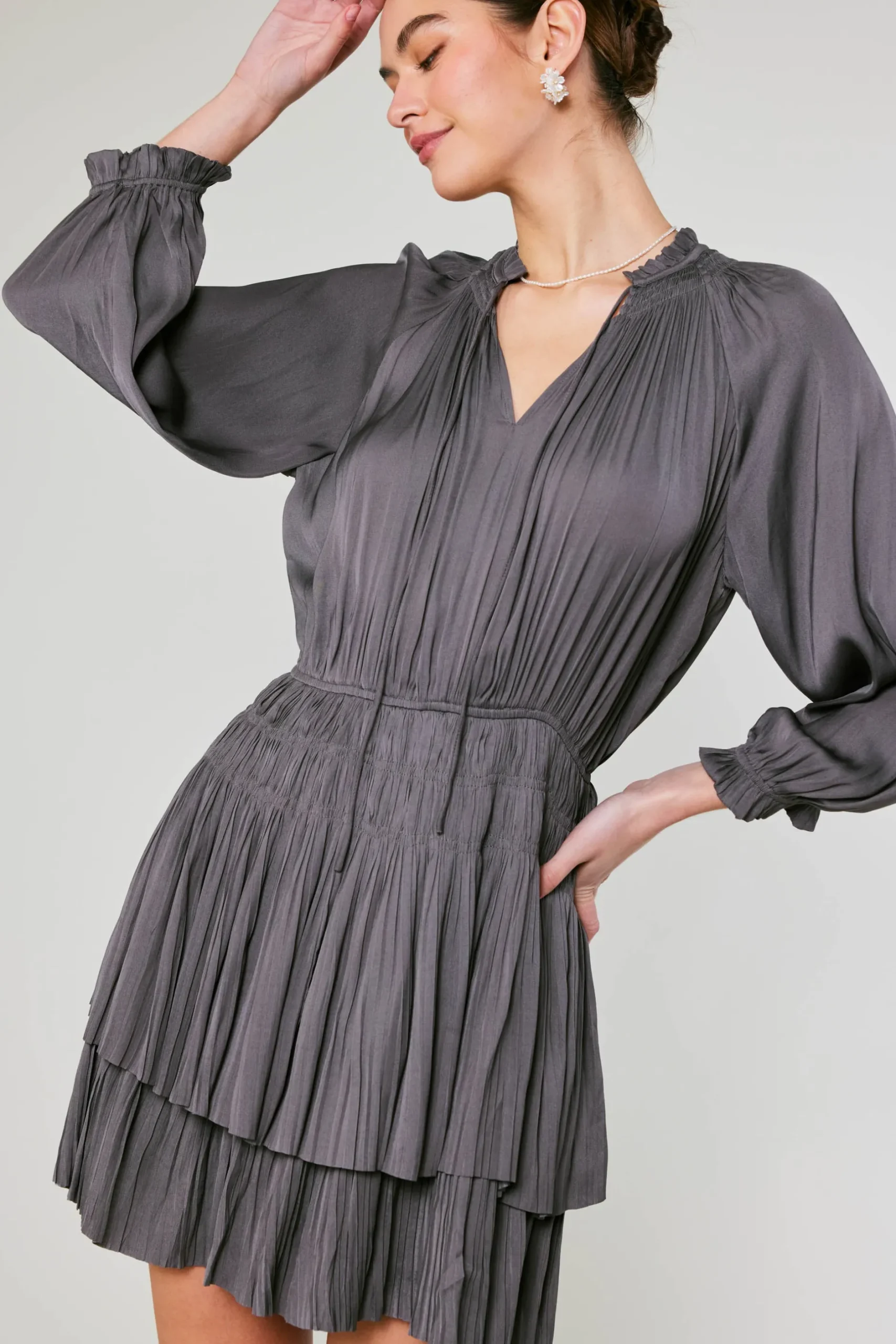 Mini Dresses-Current Air Cecile Smocked Mini Dress SLATECHARCOAL