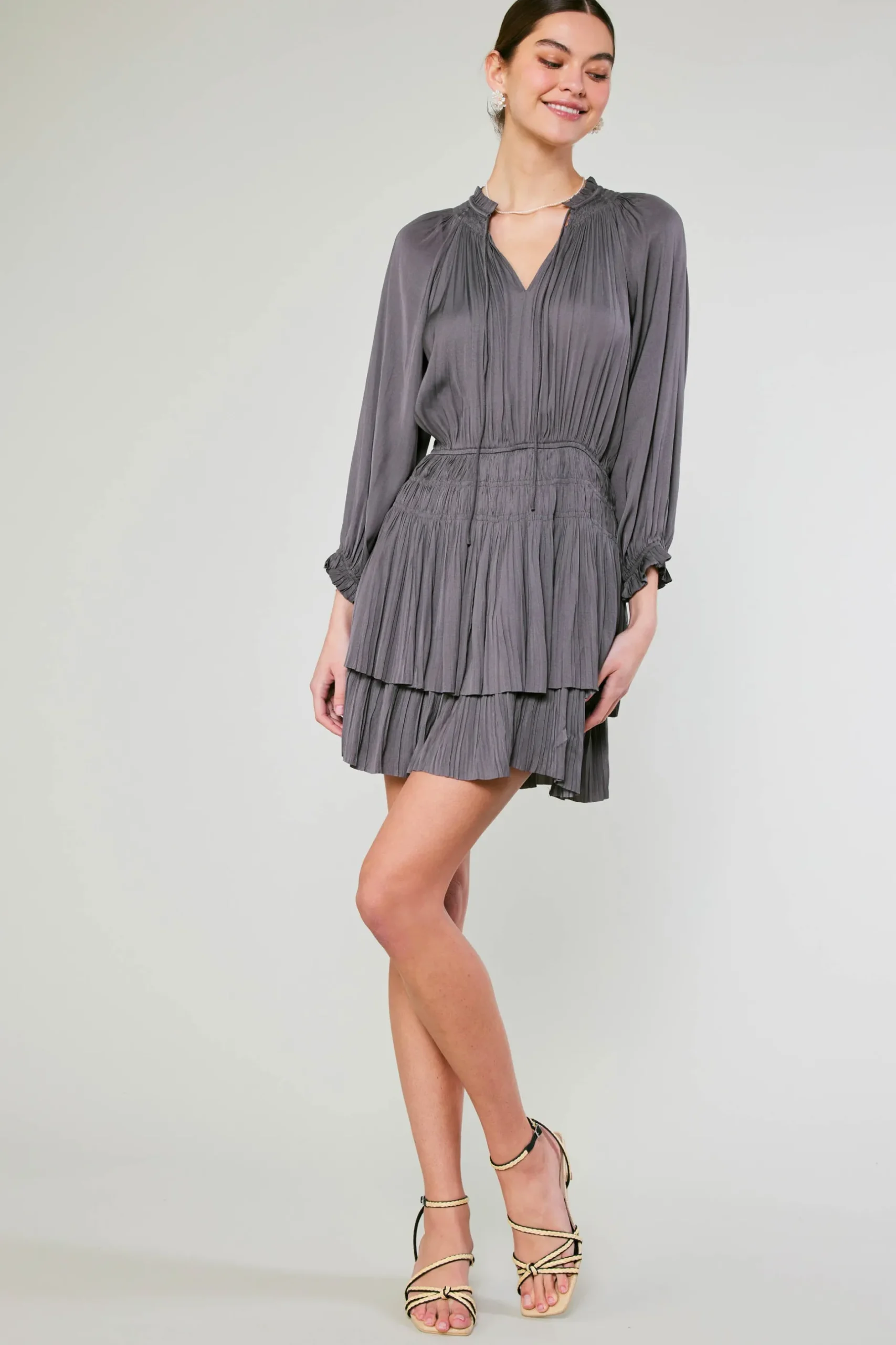 Mini Dresses-Current Air Cecile Smocked Mini Dress SLATECHARCOAL
