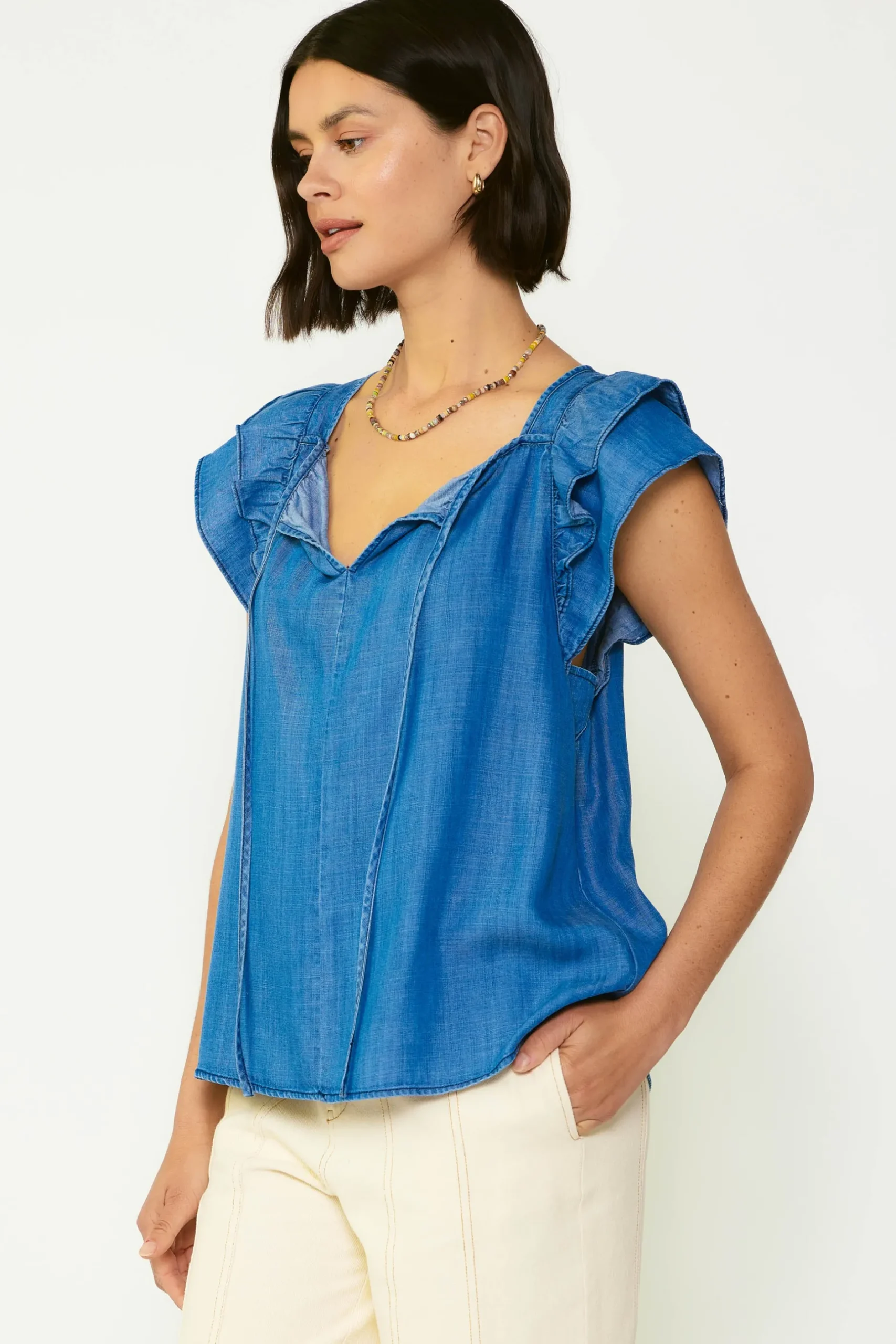 Sleeveless Tops|Short Sleeve Tops-Current Air Back Cutout Top CHAMBRAY