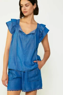 Sleeveless Tops|Short Sleeve Tops-Current Air Back Cutout Top CHAMBRAY