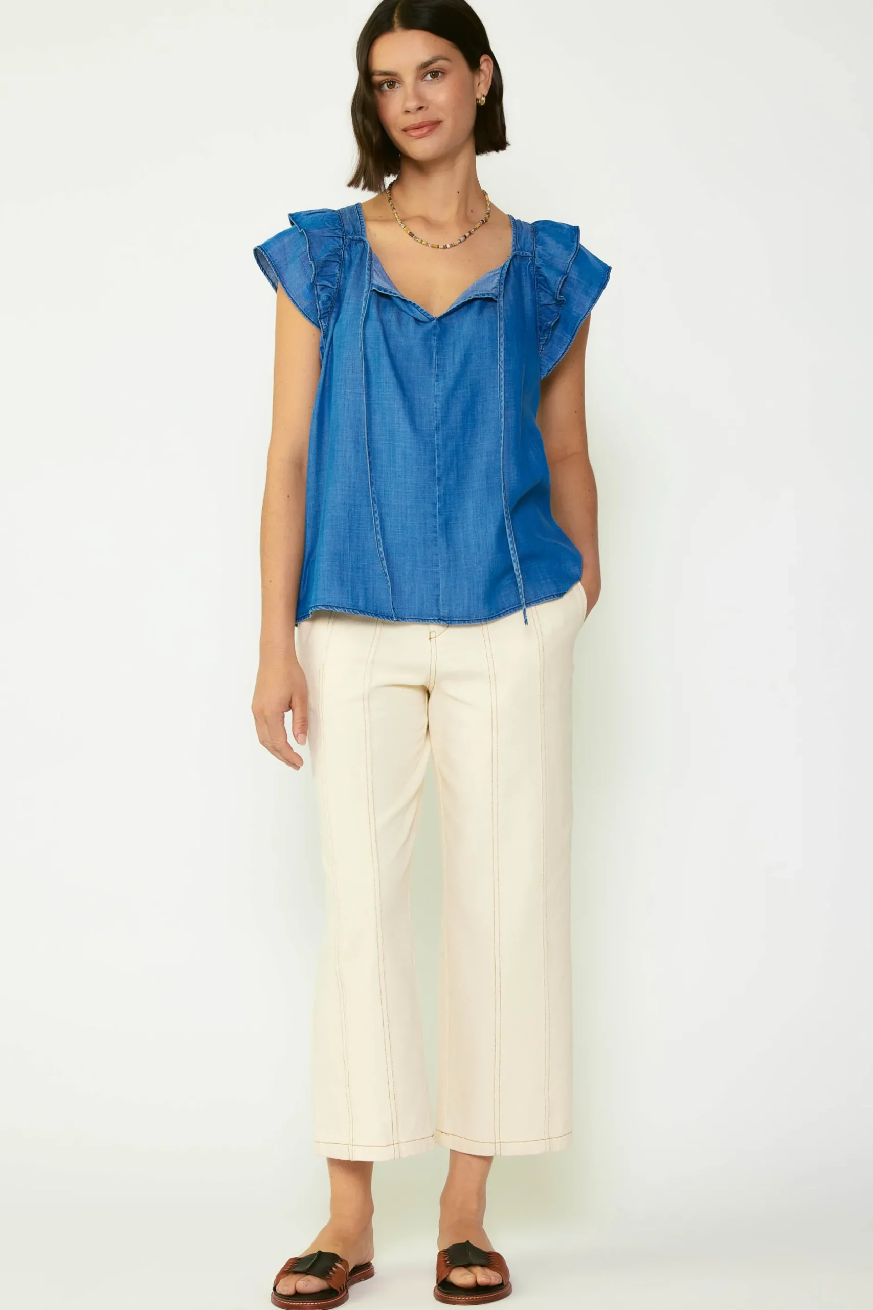 Sleeveless Tops|Short Sleeve Tops-Current Air Back Cutout Top CHAMBRAY