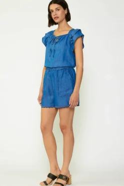 Sleeveless Tops|Short Sleeve Tops-Current Air Back Cutout Top CHAMBRAY