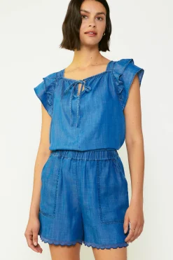 Sleeveless Tops|Short Sleeve Tops-Current Air Back Cutout Top CHAMBRAY