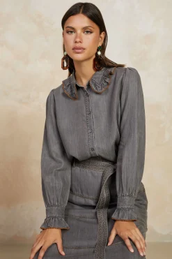 Long Sleeve Tops-Current Air Chambray Button Down Blouse WASHEDBLACK