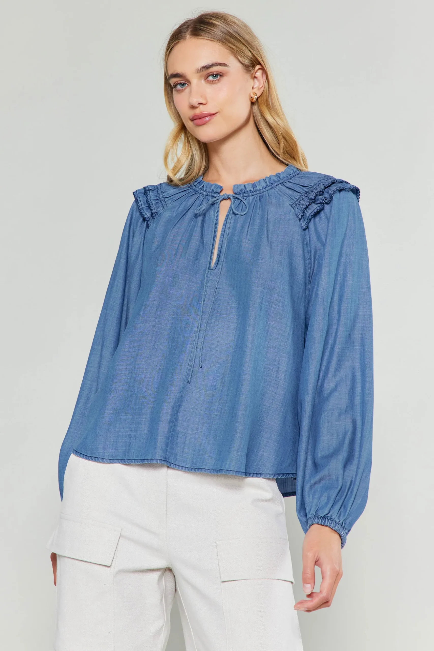 Long Sleeve Tops-Current Air Picot Stitched Blouse CHAMBRAY